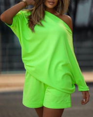 Kadın Kayık Yaka Salaş Iki Iplik Bluz Ve şort Ikili Takım