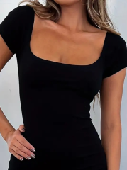 Kadın Kısa Kollu Kare Yaka Mini Bodycon Dalgıç Tulum