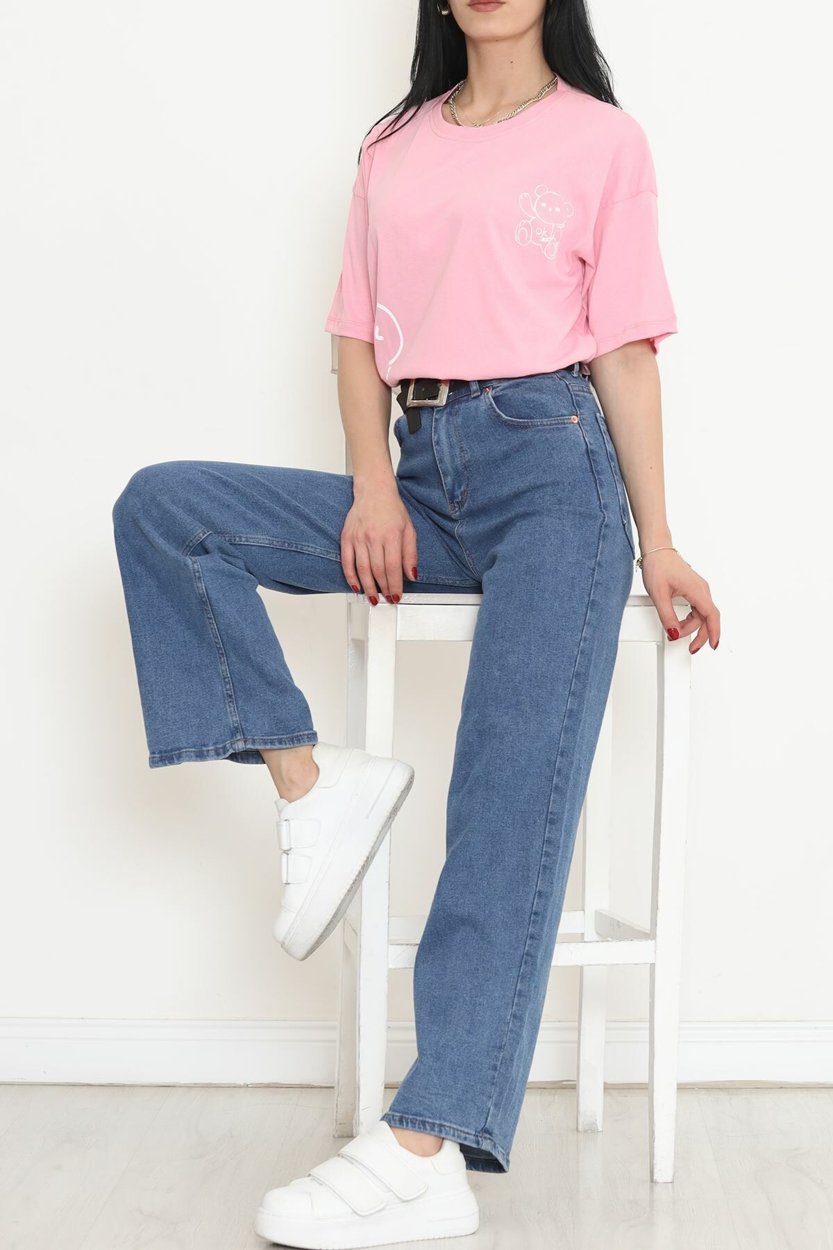 Baskılı Oversize Tişört Pembe - 16502.1567.