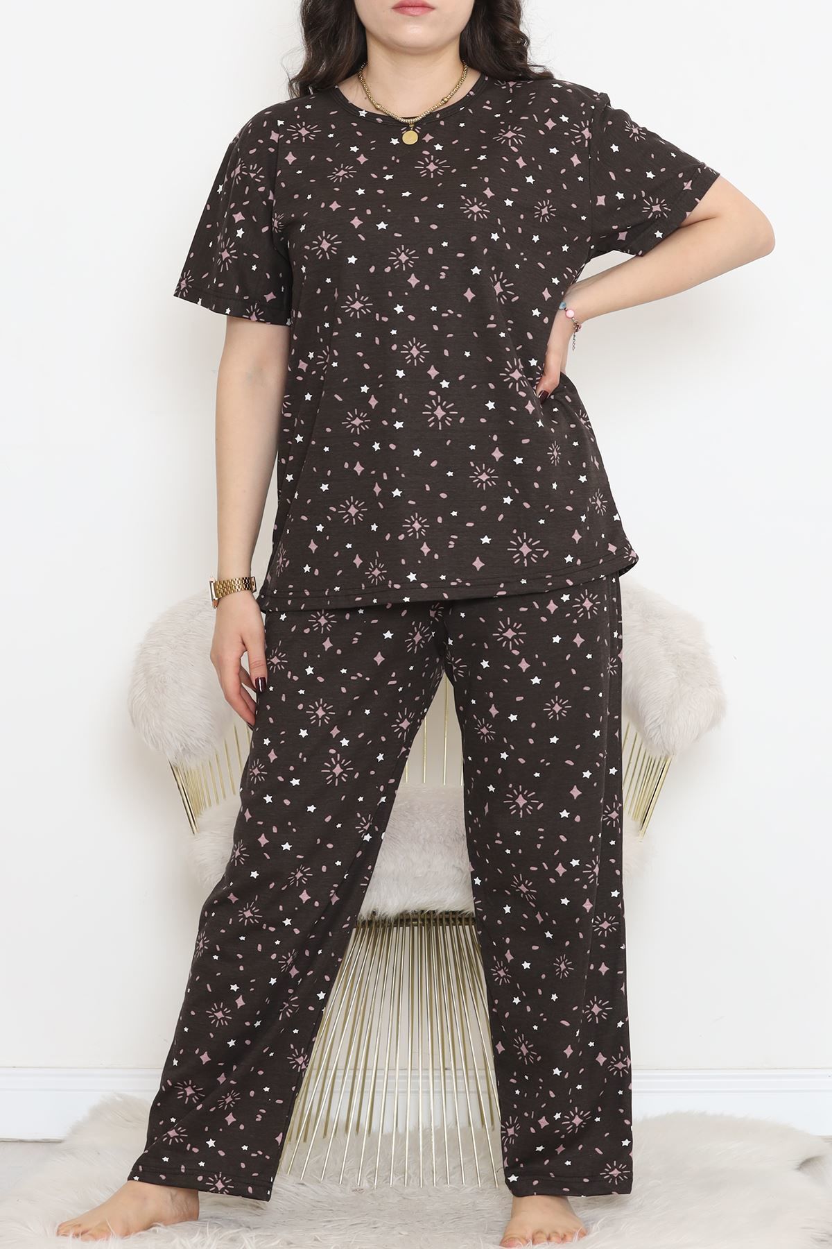 Büyük Beden Rotasyon Pijama Takımı Kahvepembe - 400.1287.