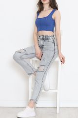 Kalın Askı Crop Atlet Saks - 17398.1723.