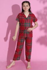 4-13 Yaş Çocuk Pijama Takımı Bordokareli - 403.1287.