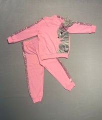 1-2-3 Yaş Payetli Pelüş Tavşan Desenli Likra Penye Kumaş Sweat Pantolonlu Kız 2li Çocuk Takımı