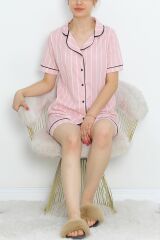 Düğmeli Şortlu Pijama Takımı Pembeçizgili - 18944.1567.