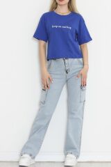 Baskılı Crop Tişört Saks - 16468.1567.
