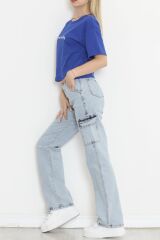 Baskılı Crop Tişört Saks - 16468.1567.