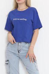 Baskılı Crop Tişört Saks - 16468.1567.