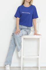 Baskılı Crop Tişört Saks - 16468.1567.