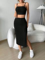 Kadın Askılı Crop Yırtmaçlı Midi Etek Fitilli Kaşkorse Takım