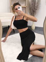 Kadın Askılı Crop Yırtmaçlı Midi Etek Fitilli Kaşkorse Takım