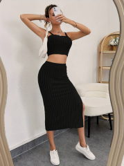 Kadın Askılı Crop Yırtmaçlı Midi Etek Fitilli Kaşkorse Takım