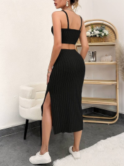 Kadın Askılı Crop Yırtmaçlı Midi Etek Fitilli Kaşkorse Takım