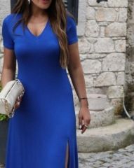 Kadın Kısa Kollu V Yaka Maxi Boy Elbise 124 Cm