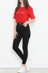 Beli Lastikli Crop Tişört Kırmızı - 16550.1567.