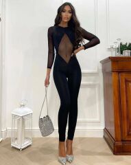 Kadın Sandy Kumaş Transparan Detaylı Maxi Boy Tulum