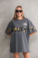 Unisex Bisiklet Yaka Baskılı Oversize T-Shirt - Gri
