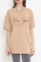 Baskılı Yan Yırtmaçlı Tişört Sütlükahve - 16557.1567.