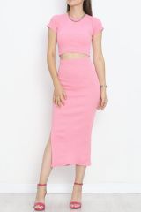 Yırtmaçlı Etek Takım Pembe - 10986.1567.