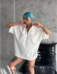 Unisex Yarım Fermuarlı Düz Oversize T-Shirt - Beyaz