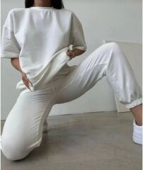 Unisex Düz T-Shirt Ve Eşofman Takımı - Beyaz
