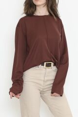 Oversize Ortadan Çımalı Bluz Kahve - 15913.1778.