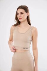 Fitilli Baskılı Crop - Bej