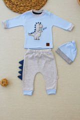 3-6 6-9 9-12 Ay Minik Dino Nakışlı Şapkalı Uzun Kollu Sweat 3lü Kız-erkek Bebek Takımı