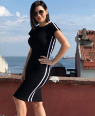 Yanları Şeritli Kaşkorse Kumaş Elbise