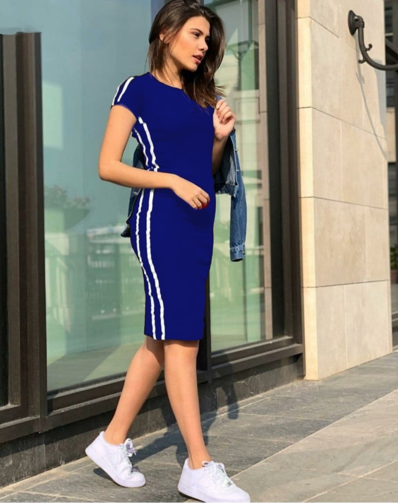 Yanları Şeritli Kaşkorse Kumaş Elbise