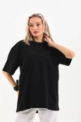 Unisex Bisiklet Yaka 20/1 Düz Oversize T-Shirt - Siyah