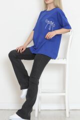 Baskılı Oversize Tişört Saks - 16494.1567.