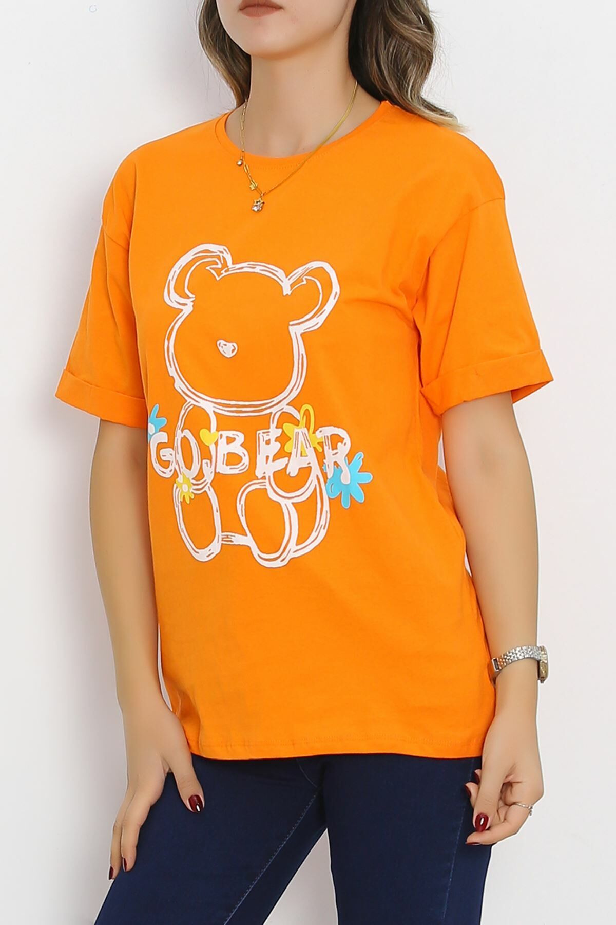 Baskılı Oversize Tişört Turuncu - 16496.1567.