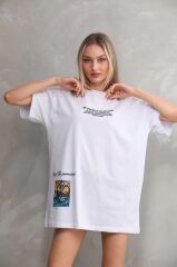 Unisex Bisiklet Yaka Baskılı Oversize T-Shirt - Beyaz