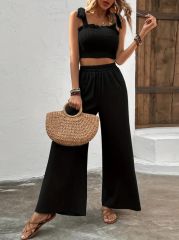 Kadın üstü Gipeli Crop Beli Lastikli Bol Pantolon Bürümcük Ikili Takım