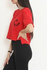 Baskılı Crop Tişört Kırmızı - 16488.1567.