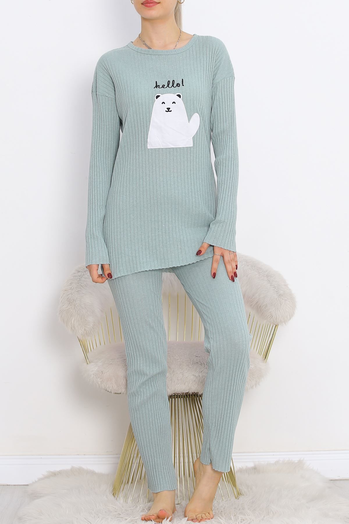 Nakışlı Pijama Takımı Mintbeyaz - 18978.1567.