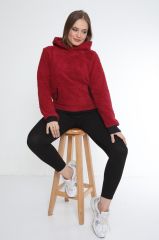 Kadın Kanguru çep Ribana Detay Kapşonlu Peluş Sweat
