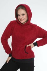 Kadın Kanguru çep Ribana Detay Kapşonlu Peluş Sweat