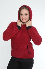 Kadın Kanguru çep Ribana Detay Kapşonlu Peluş Sweat