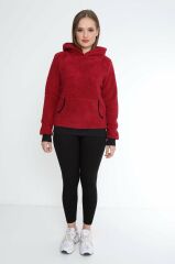 Kadın Kanguru çep Ribana Detay Kapşonlu Peluş Sweat
