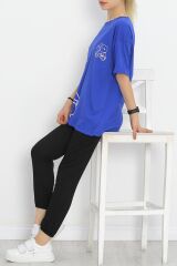 Baskılı Oversize Tişört Saks - 16502.1567.