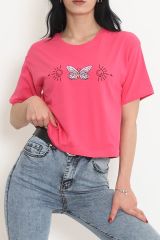 Baskılı Crop Tişört Fuşya - 16478.1567.