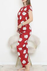 Desenli Pijama Takımı Bordobeyaz - 130.1287.