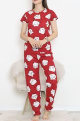 Desenli Pijama Takımı Bordobeyaz - 130.1287.