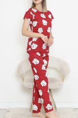 Desenli Pijama Takımı Bordobeyaz - 130.1287.