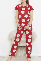 Desenli Pijama Takımı Bordobeyaz - 130.1287.