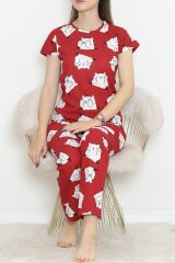 Desenli Pijama Takımı Bordobeyaz - 130.1287.