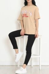Baskılı Oversize Tişört Vizon - 18666.1567.