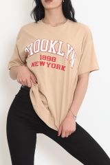 Baskılı Oversize Tişört Vizon - 18666.1567.