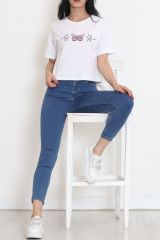 Baskılı Crop Tişört Beyaz - 16478.1567.